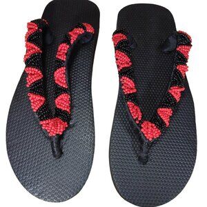 Beaded Flip Flops for Women Summer Style Sandals - (Red, Black)